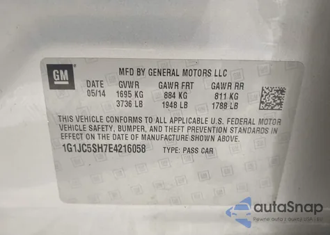 2014 Chevrolet Sonic Lt Auto из США, поврежденный, VIN 1G1JC5SH7E4216058